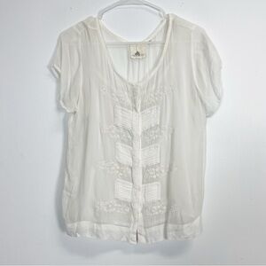 One Fine Day Blouse Womens Size Small White Sheer Embroidered Button Front